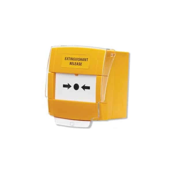 Break Glass, Yellow, surface mounting call point with hinged cover & "Extinguishant Release" text. Model: BF372 (MCP3A-Y000SG-14C)