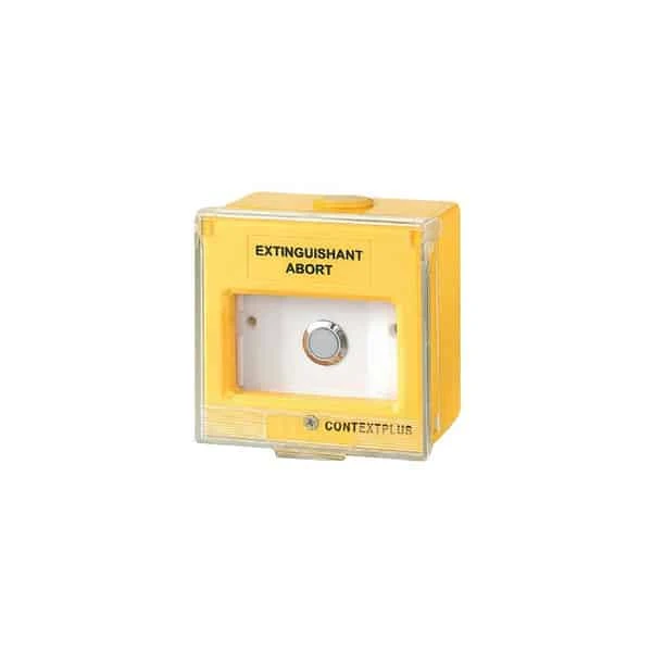 Yellow Extinguishant Abort button, surface mounting, with hinged cover & "EXTINGUISHANT ABORT" text
